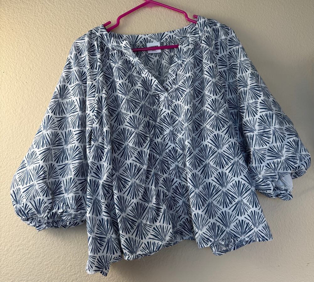 Sonoma Plus Size PXXL Blouse Blue White Print Puff Sleeve V-Neck Top